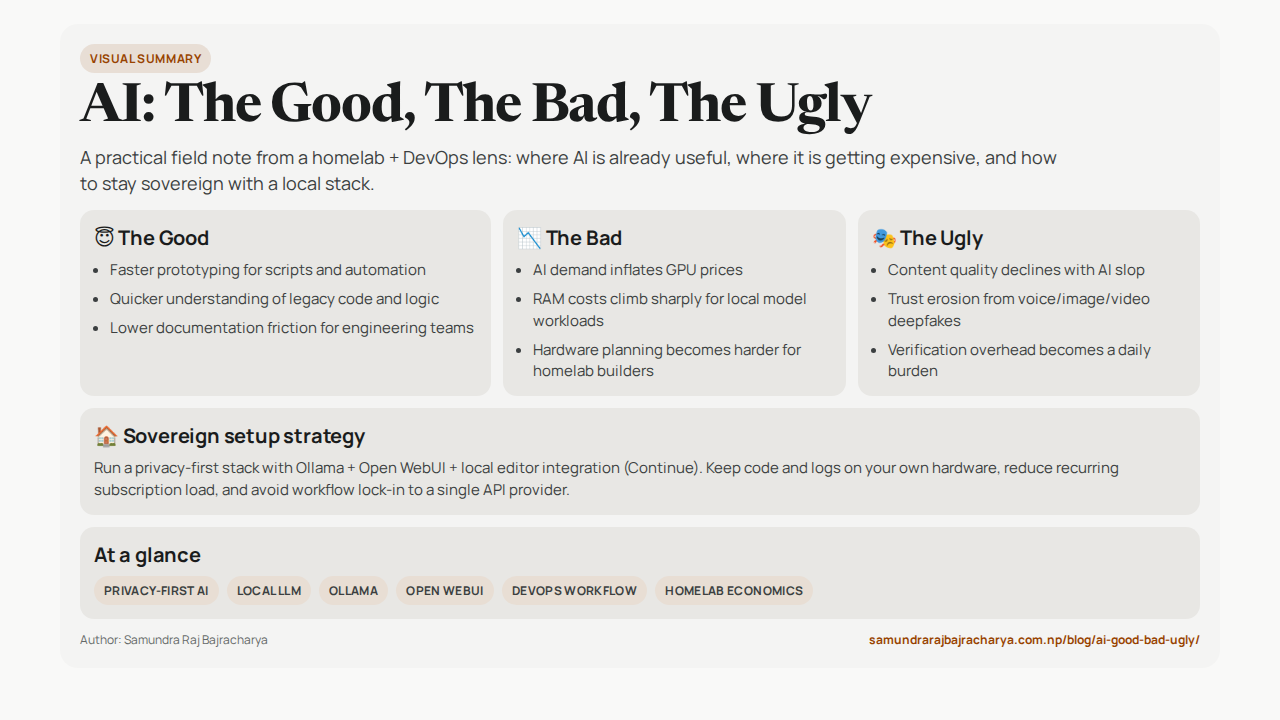 Horizontal infographic summarizing AI: The Good, The Bad, and The Ugly
